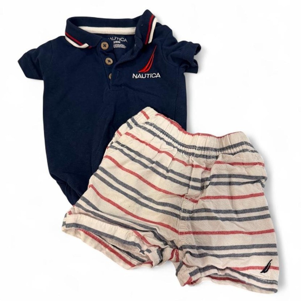 Nautica Baby Boys Navy Blue Polo Bodysuit and Striped Shorts Set 3-6 Months